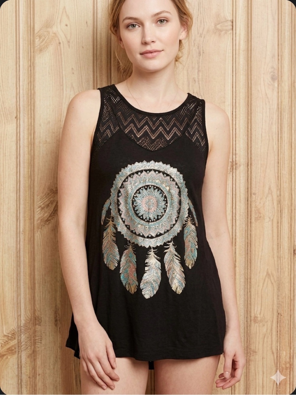 Annabelle Black Sleeveless Tank with Metallic Dreamcatcher size L